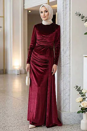 - Kuyruk Detaylı Bordo Tesettür Kadife Abiye Elbise 57912BR 