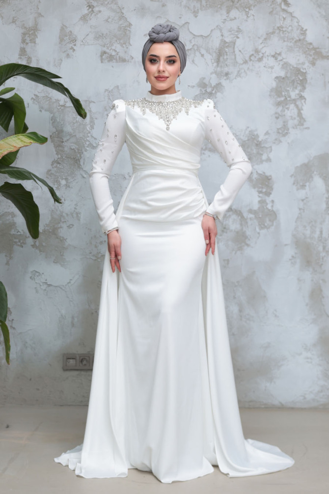  Kuyruklu Ekru Tesettür Saten Abiye Elbise 51312E - 1