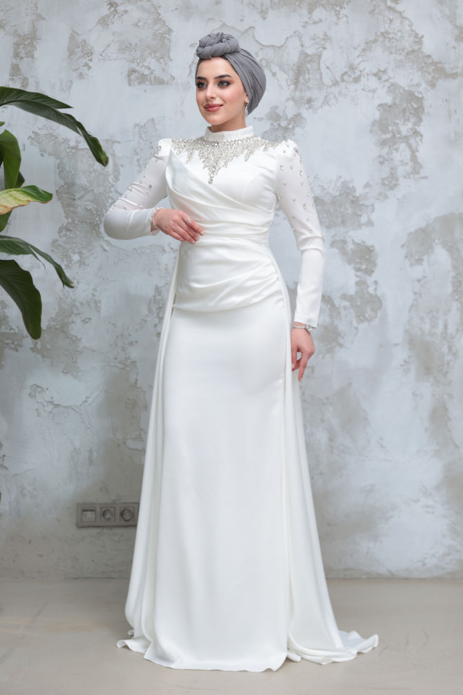  Kuyruklu Ekru Tesettür Saten Abiye Elbise 51312E - 3