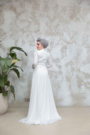  Kuyruklu Ekru Tesettür Saten Abiye Elbise 51312E - 5