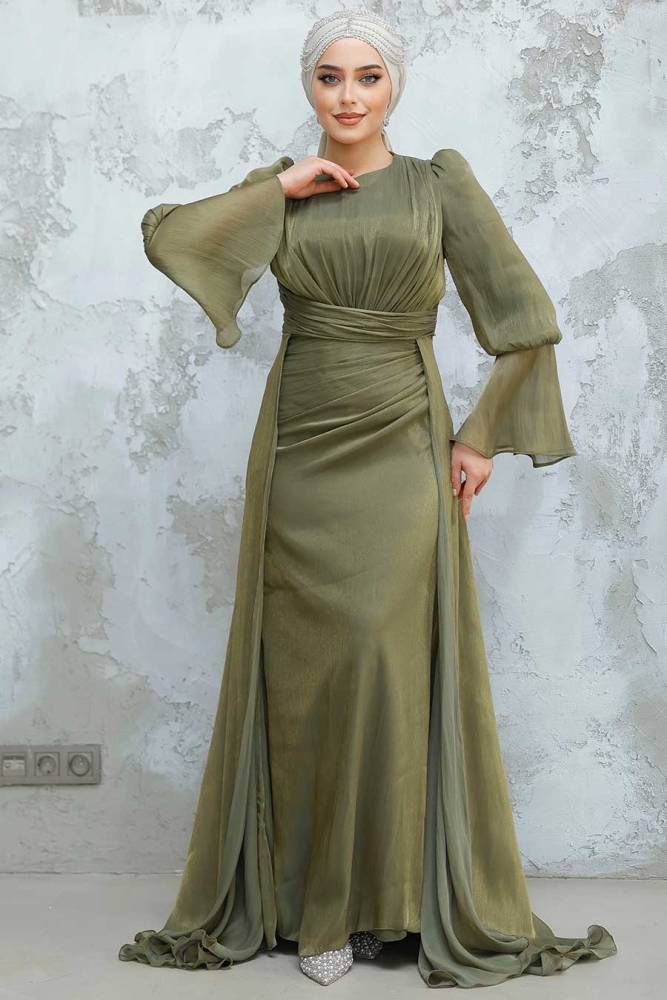 Kuyruklu Haki Tesettür Abiye Elbise 4986HK - 2