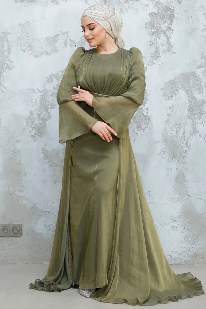 Kuyruklu Haki Tesettür Abiye Elbise 4986HK - 3