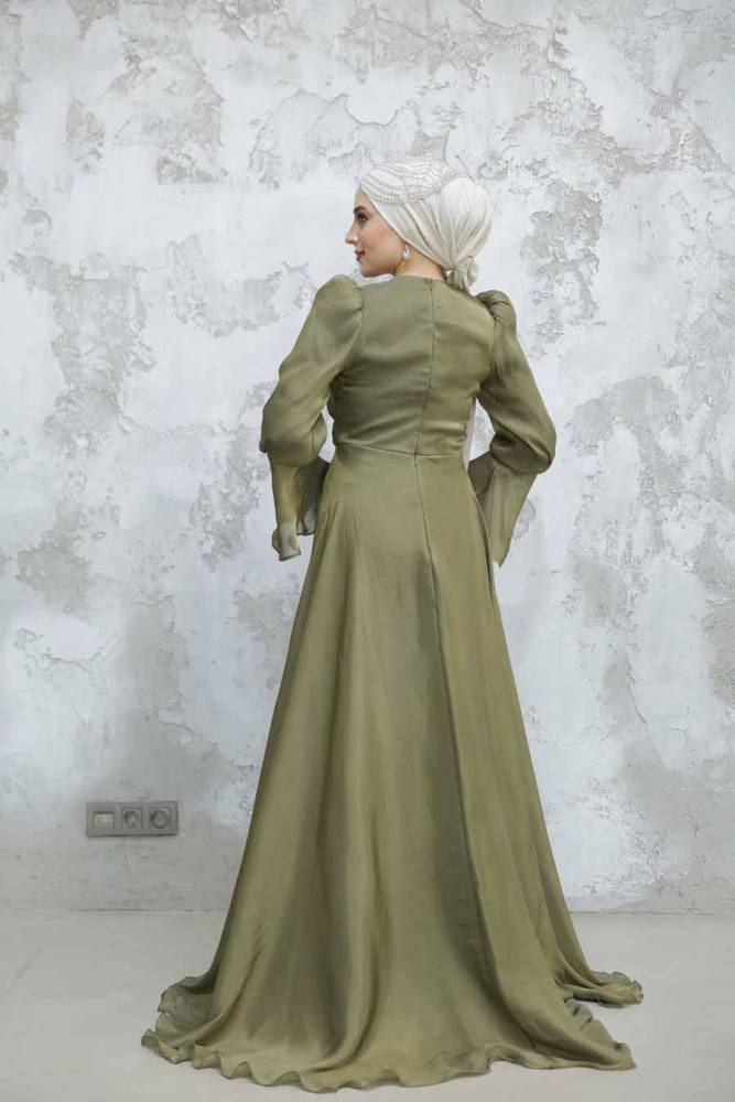 Kuyruklu Haki Tesettür Abiye Elbise 4986HK - 5
