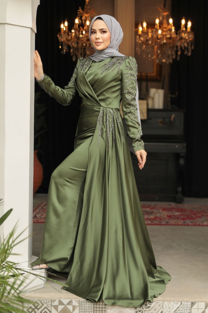 Kuyruklu Haki Tesettür Saten Abiye Elbise 43381HK - 3