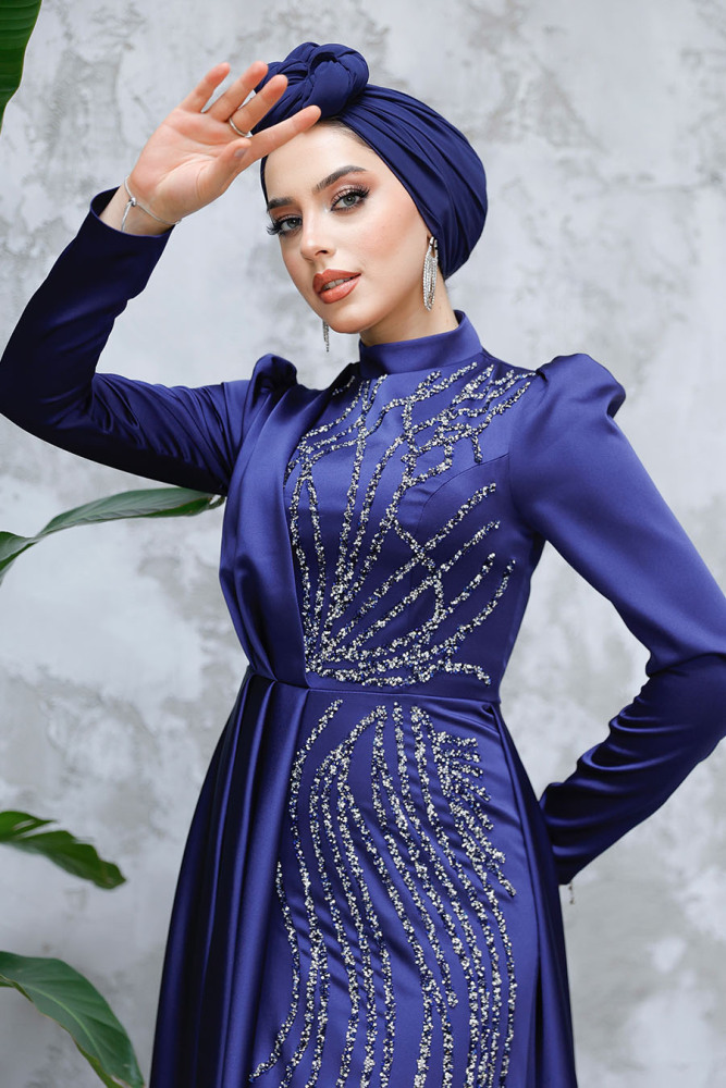Kuyruklu Lacivert Tesettür Saten Abiye Elbise 4303L - 3