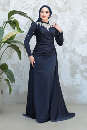 Kuyruklu Lacivert Tesettür Saten Abiye Elbise 51312L - 4