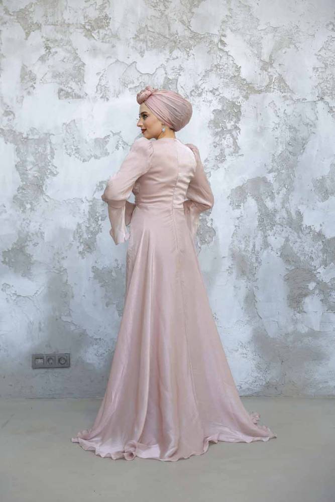  Kuyruklu Pudra Tesettür Abiye Elbise 4986PD - 3