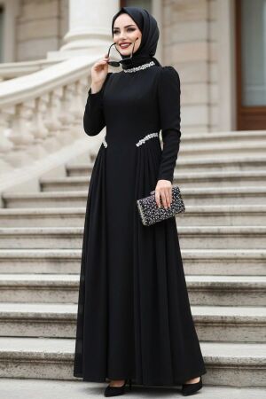  Kuyruklu Siyah Tesettür Abiye Elbise 4868S - 1