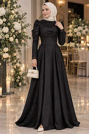 Lace and Draped Black Modest Evening Dress 260S 