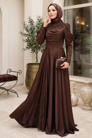 Lace and Draped Brown Modest Evening Dress 260KH 
