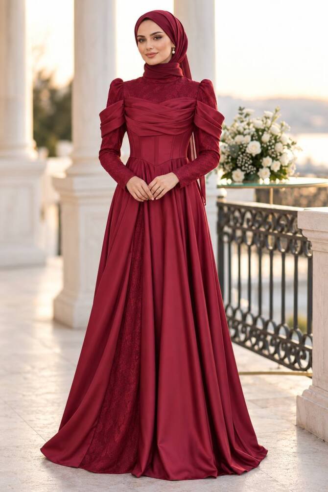 Lace and Draped Burgundy Modest Evening Dress 260BR - 1