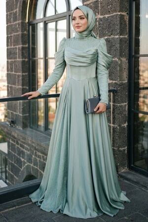 Lace and Draped Mint Modest Evening Dress 260MINT - 1