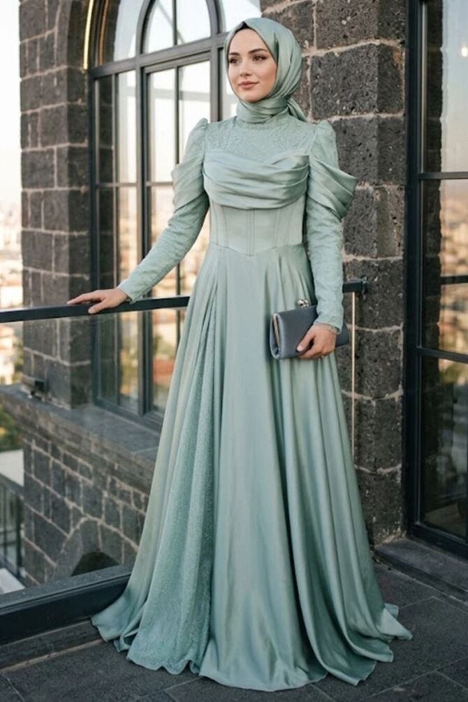 Lace and Draped Mint Modest Evening Dress 260MINT - 1