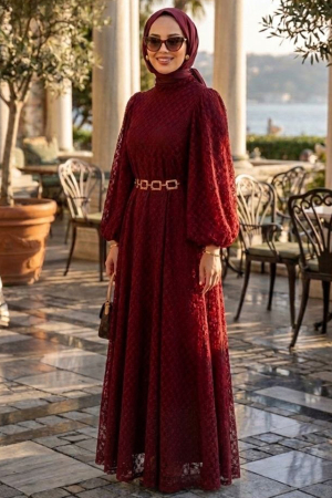 Lace Burgundy Modest Dress 54123BR 