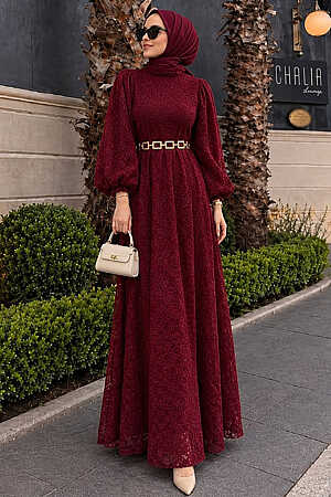 Lace Burgundy Modest Dress 54123BR 