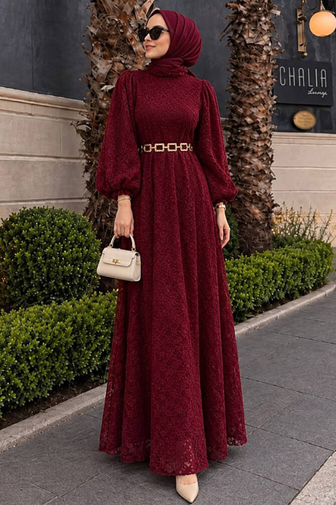 Lace Burgundy Modest Dress 54123BR - 1