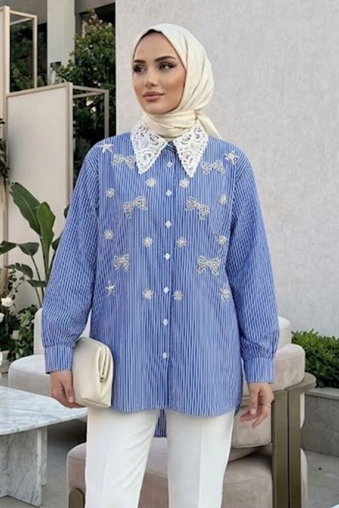 Lace Collar Embroidery-Detail Striped Poplin Navy Blue Modest Shirt 15629L - 1