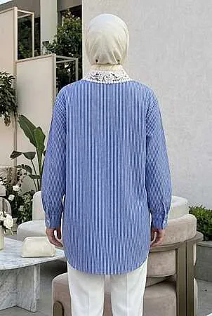 Lace Collar Embroidery-Detail Striped Poplin Navy Blue Modest Shirt 15629L - 2