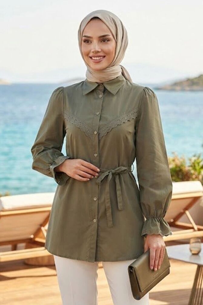 lace-detail Almond Green Modest Tunic 30341CY - 1
