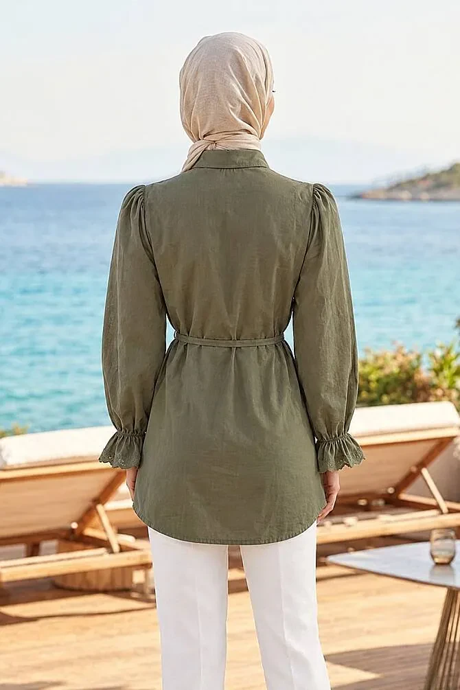 lace-detail Almond Green Modest Tunic 30341CY - 2