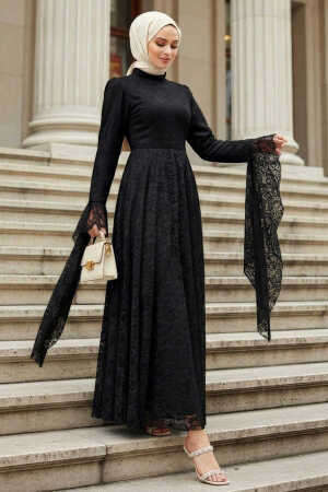 lace-detail Belted Black Modest Evening Dress 8294S - 1