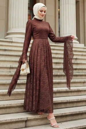 lace-detail Belted Brown Modest Evening Dress 8294KH - 1