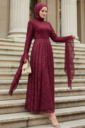 lace-detail Belted Burgundy Modest Evening Dress 8294BR 