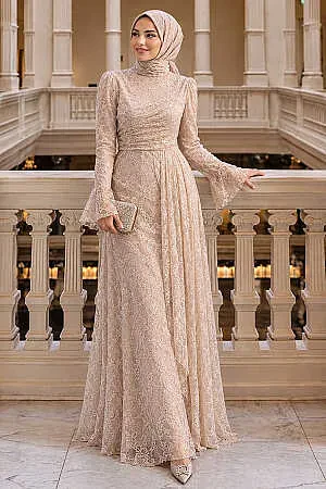 lace-detail Draped Beige Modest Evening Dress 8194BEJ - 1