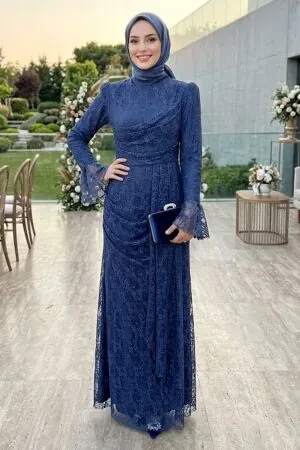 lace-detail Draped Indigo Blue Modest Evening Dress 8194IM - 1