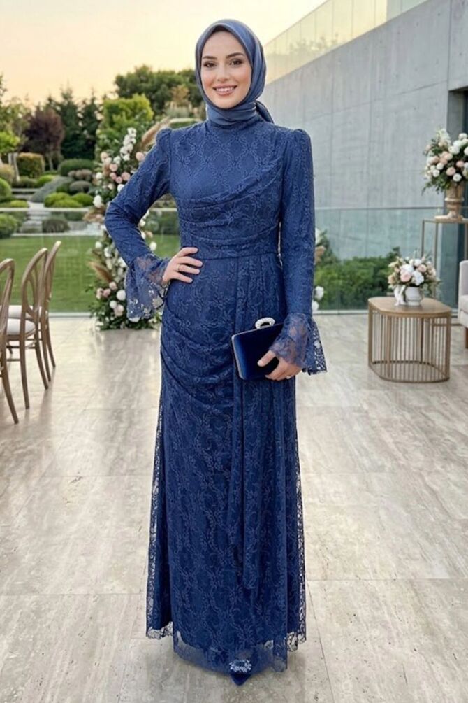 lace-detail Draped Indigo Blue Modest Evening Dress 8194IM - 1