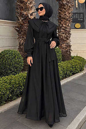 lace-detail Wide Collared Black Modest Dress 26124S - 1