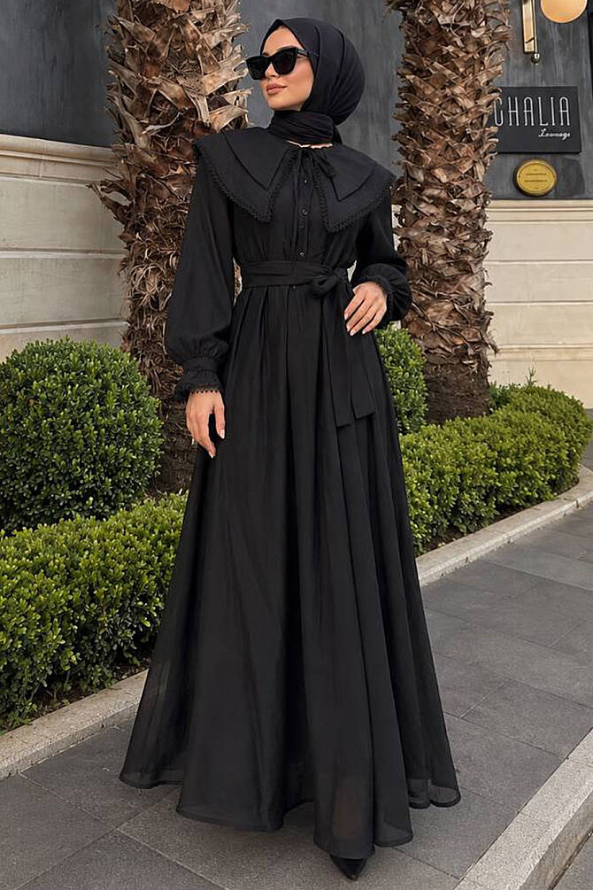 lace-detail Wide Collared Black Modest Dress 26124S - 1