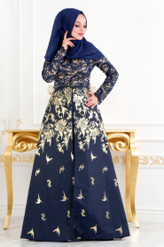 Neva Style - Long Navy Blue Islamic Dress 82443L - Thumbnail