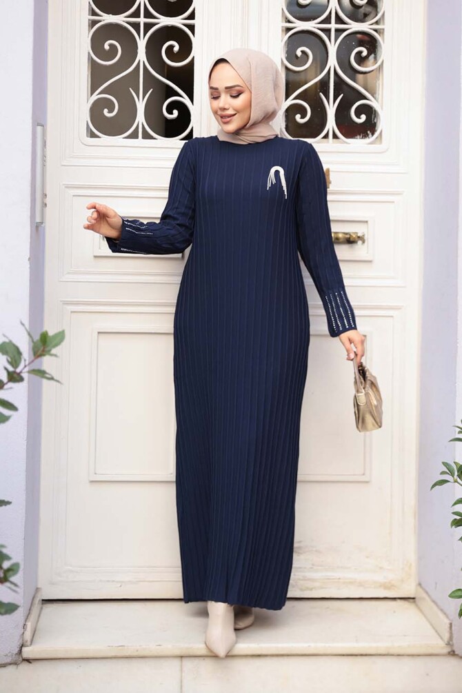 Lacivert Merserize Triko Tesettür Elbise 25631L - N.S NEVA STYLE