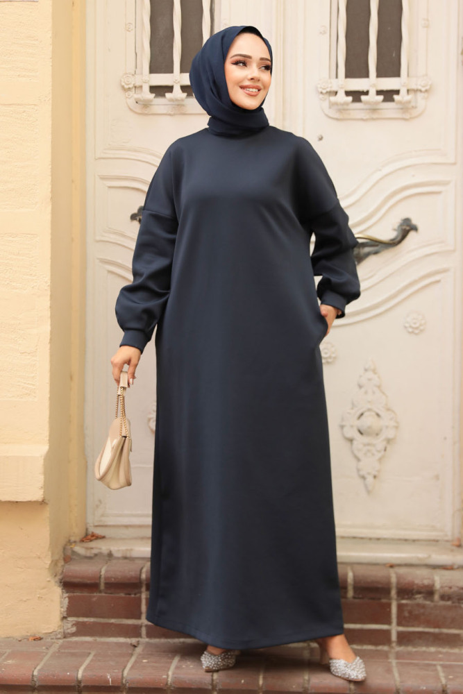 Lacivert Sweat Tesettür Elbise 23641L - 2