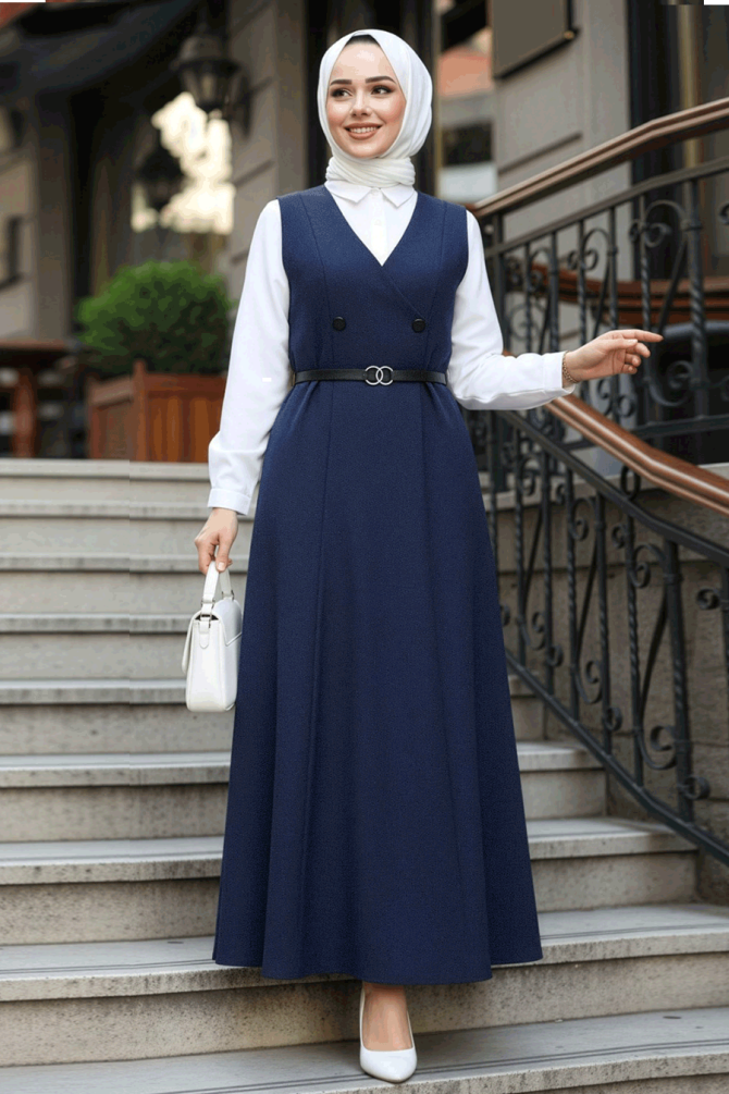 Lacivert Tesettür Jile Elbise 30284L - 1