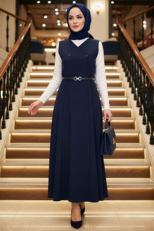 Lacivert Tesettür Jile Elbise 62081L - 1