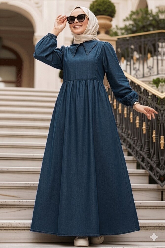 Lacivert Tesettür Kot Elbise 19156L - 1
