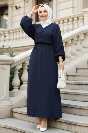 Lacivert Tesettür Müslin Elbise 19033L - 1