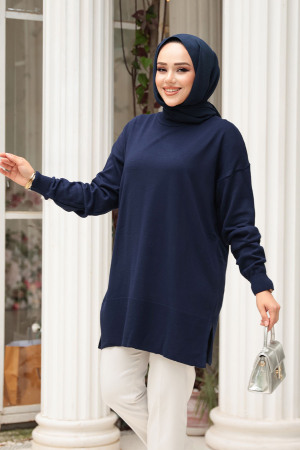 Lacivert Tesettür Triko Kazak Tunik 2822L - 2