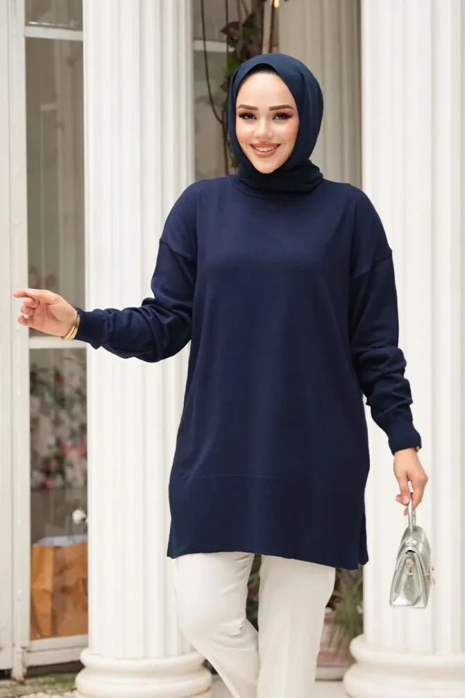 Lacivert Tesettür Triko Kazak Tunik 2822L - 1