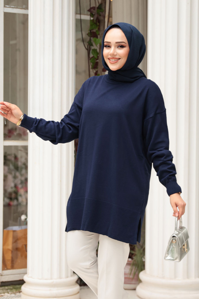 Lacivert Tesettür Triko Kazak Tunik 2822L - 2
