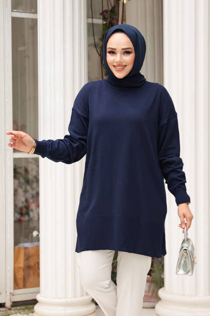 Lacivert Tesettür Triko Kazak Tunik 2822L - 1