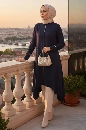 Lacivert Tesettür Triko Panço Tunik 58651L 