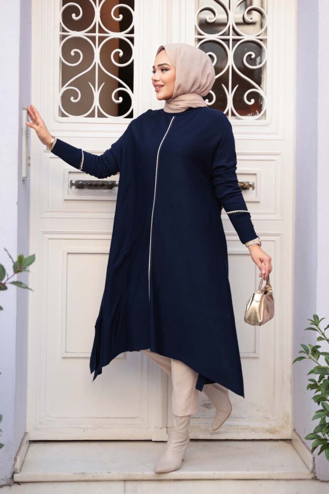 Lacivert Tesettür Triko Panço Tunik 58651L - 1
