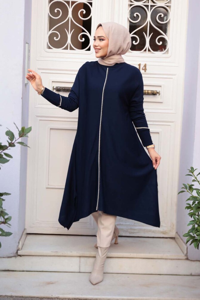 Lacivert Tesettür Triko Panço Tunik 58651L - 2