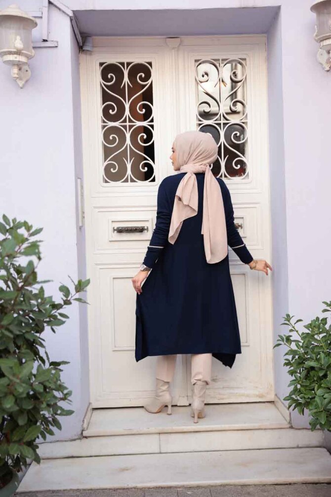 Lacivert Tesettür Triko Panço Tunik 58651L - 3