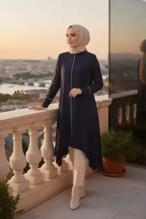 Lacivert Tesettür Triko Panço Tunik 58651L - 1