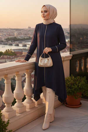 Lacivert Tesettür Triko Panço Tunik 58651L - N.S NEVA STYLE
