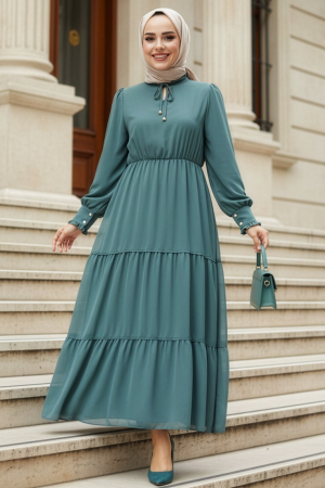Layered Pleated Almond Green Modest Dress 6268CY - 1
